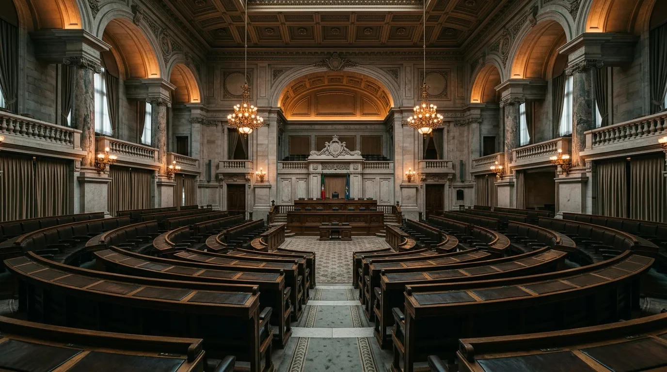 fachada da Assembleia da República, em Lisboa, ao fim da tarde