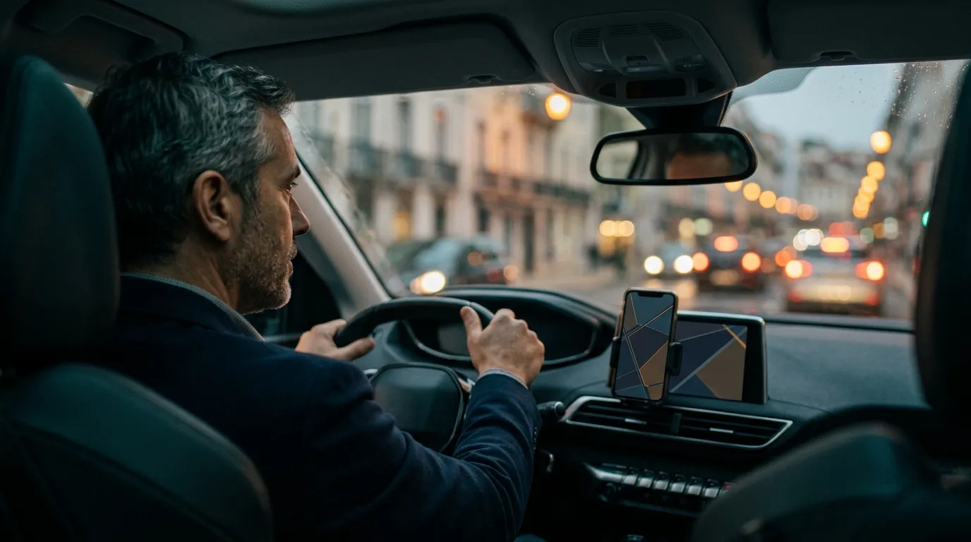 motorista de TVDE ao volante, visto do banco de trás, numa rua de Lisboa