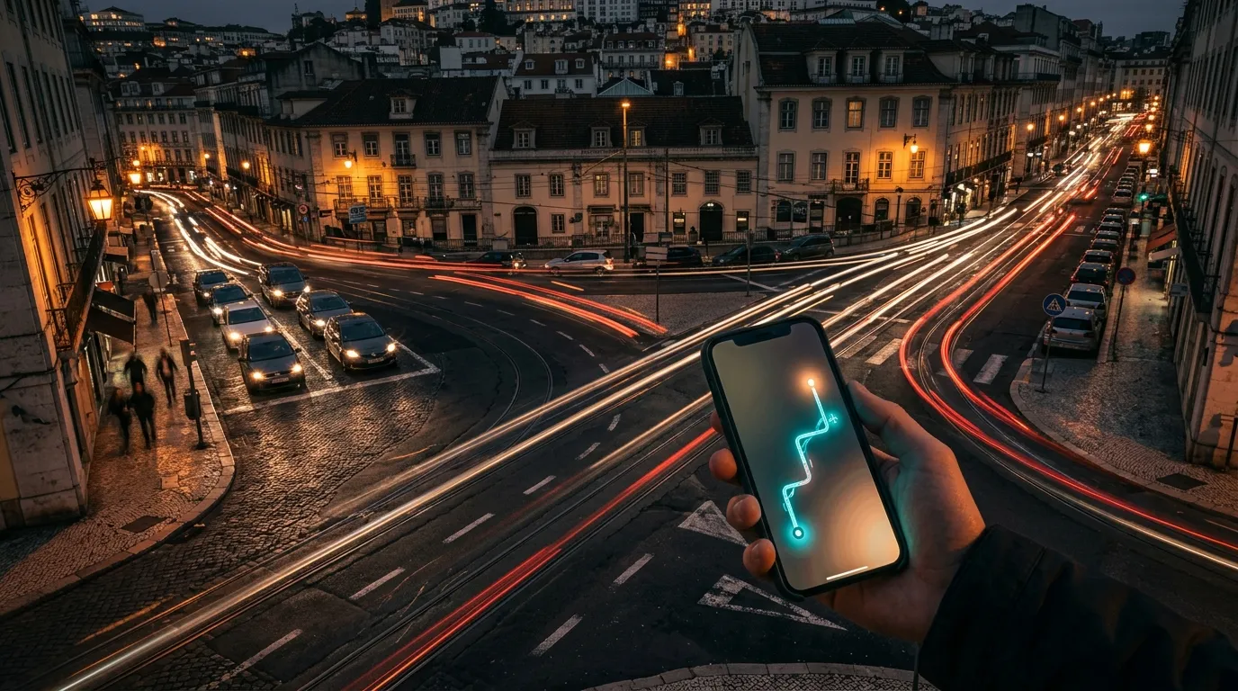 condutor a usar uma aplicação de transporte no telemóvel dentro do carro