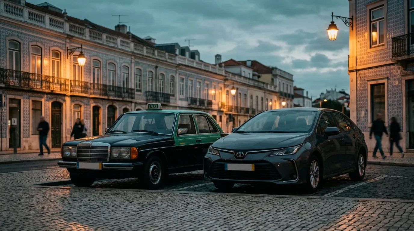 táxi português estacionado numa rua de Lisboa